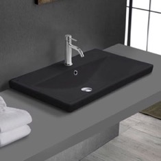 Drop In Bathroom Sink, Black Ceramic, Rectangular